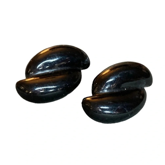 BAKELITE Vintage 1940s Licorice Black Clip-on Art Deco Design Earrings TESTED - Picture 4 of 4
